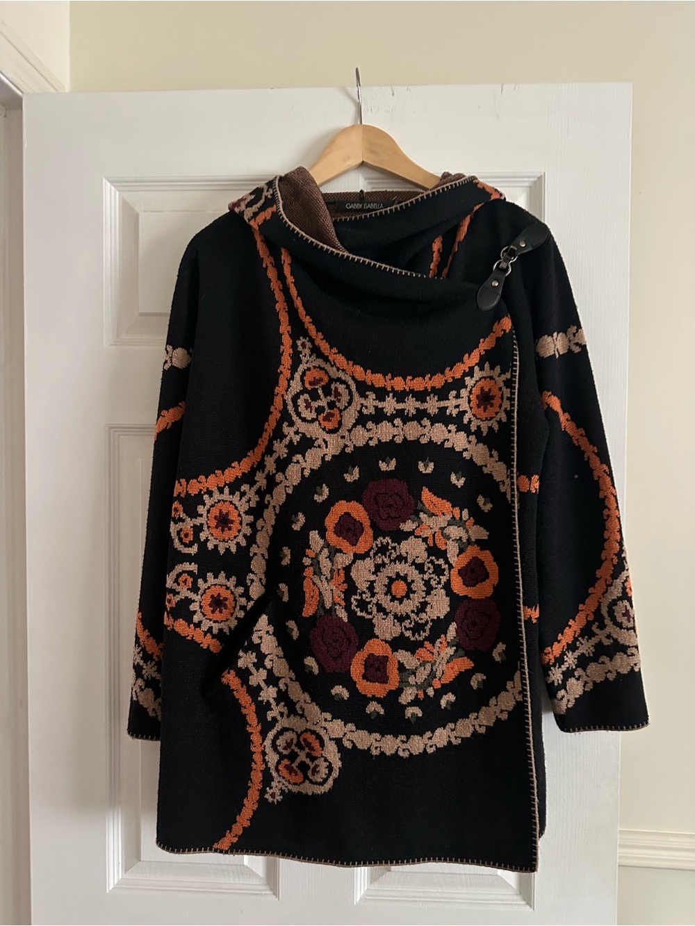 Gabby Isabella Black Floral Hooded Cardigan with Rust and Tan Accents